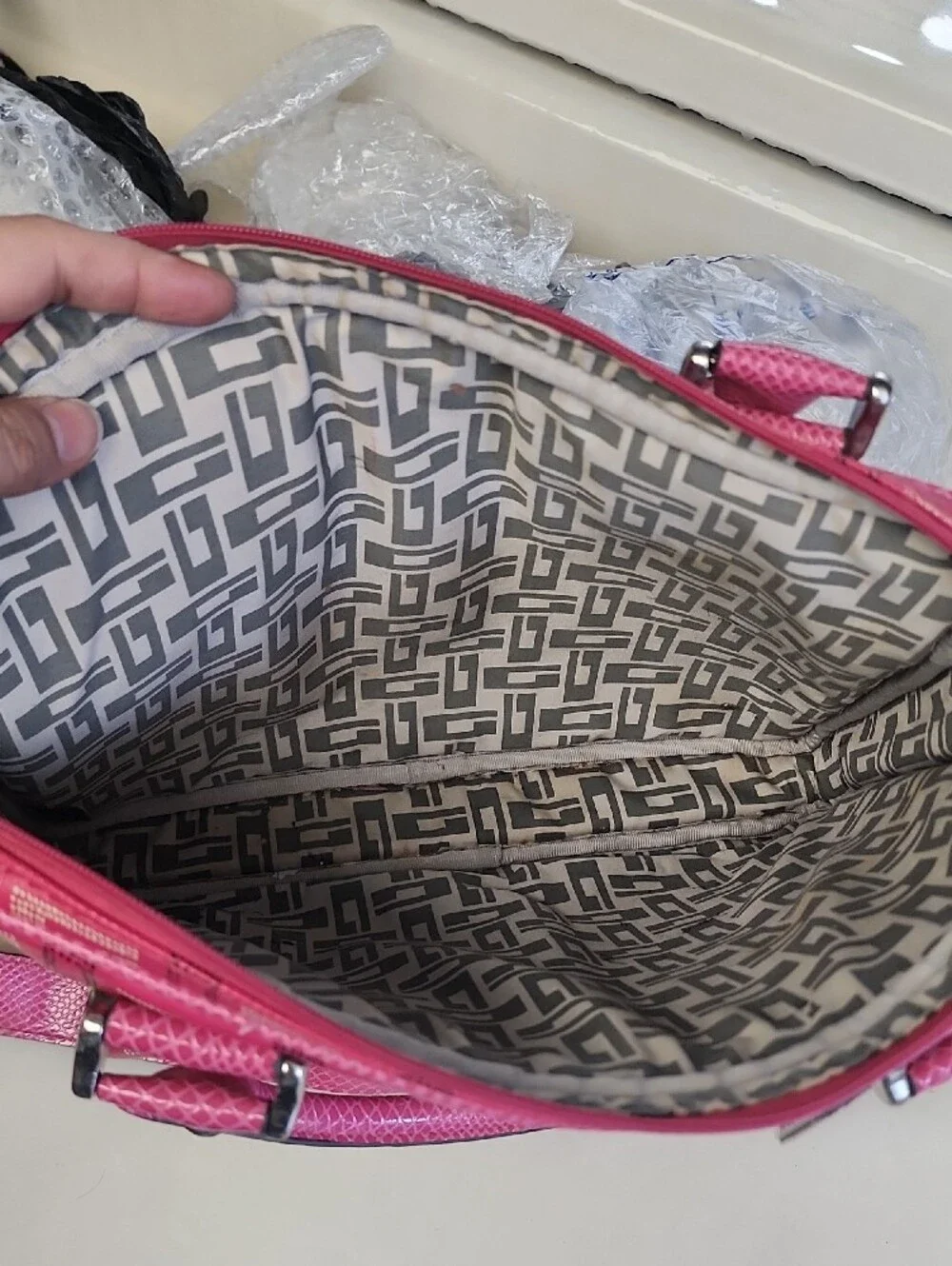 Guess Pink Logo-Print Satchel with Silver Hardware